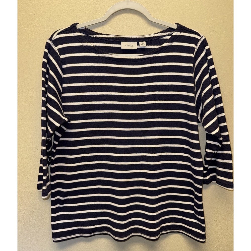 L.L.Bean Navy Cream Stripe Boatneck Knit Top Nautical Coastal Grandmother XL